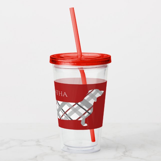 Vaso Acrílico Dachshund de la tela escocesa en rojo (Izquierda)