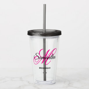 Vaso Acrílico Dama de honor con monograma elegante en negro y ro