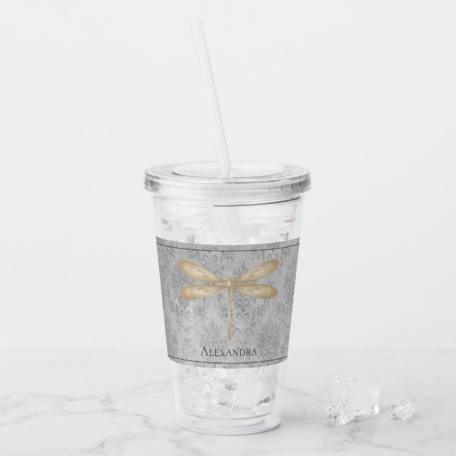 Vaso Acrílico Damasco de la libélula dorada (Anverso (hielo))