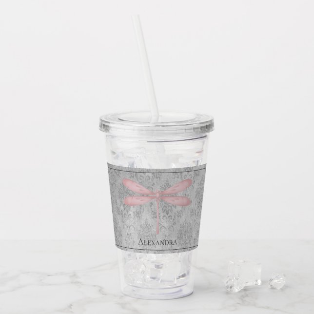 Vaso Acrílico Damasco de la libélula rosa (Anverso (hielo))