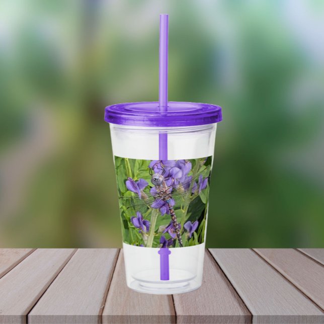 Vaso Acrílico Darner Dragonfly de ojos azules sobre flores morad (In Situ Table)