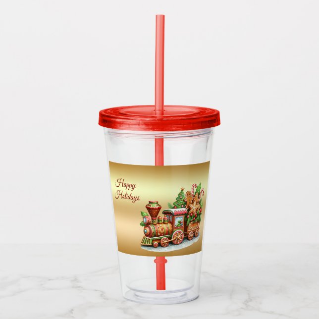 Vaso Acrílico de Trenes de Jengibre Navideños (Anverso)