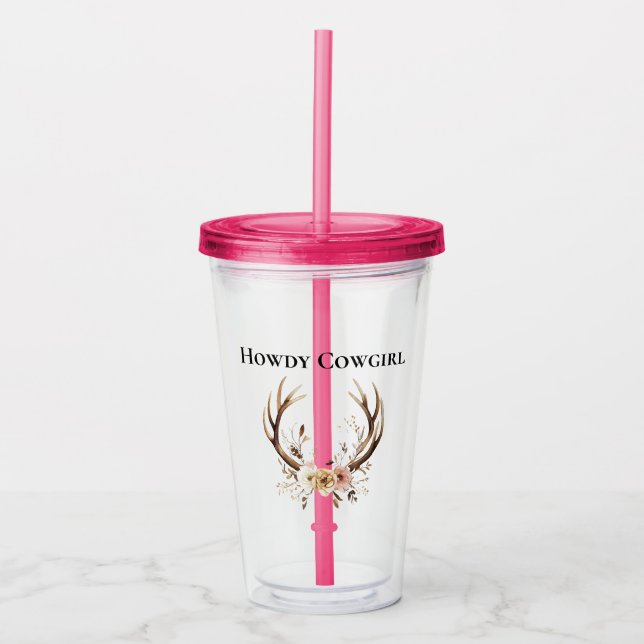 Vaso Acrílico Deer Antlers Cowgirl Pink Floral (Anverso)