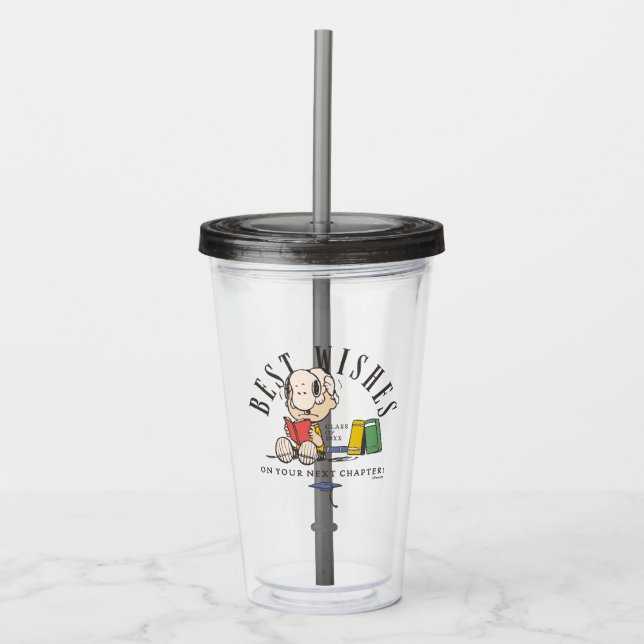 Vaso Acrílico Deseos de graduación de Peanuts Snoopy leyendo (Anverso)