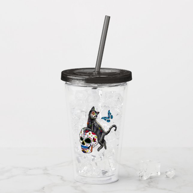 Vaso Acrílico Día De La Calavera De Azúcar De Gato Muerto Y Mari (Reverso (hielo))