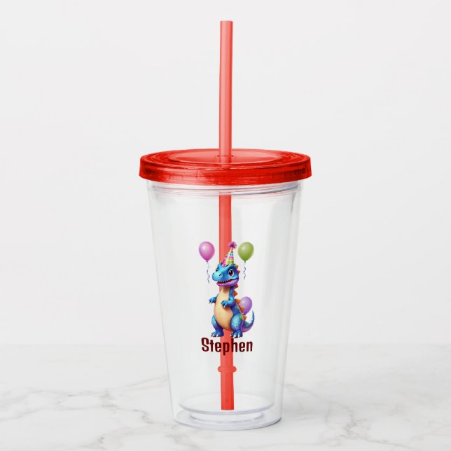 Vaso Acrílico Dinosaurio de cumpleaños azul lindo (Anverso)