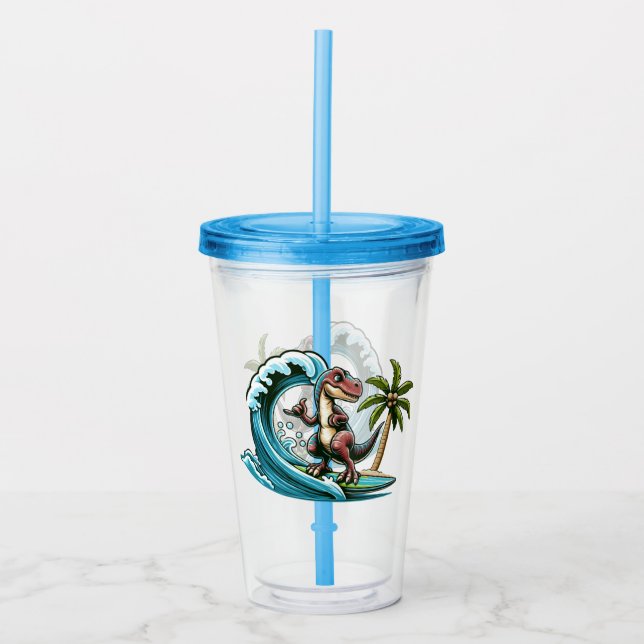 Vaso Acrílico Dinosaurio tropical de surf (Anverso)