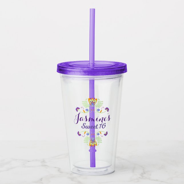 Vaso Acrílico Diseño artístico de Sweet 16 Folk Florals (Anverso)