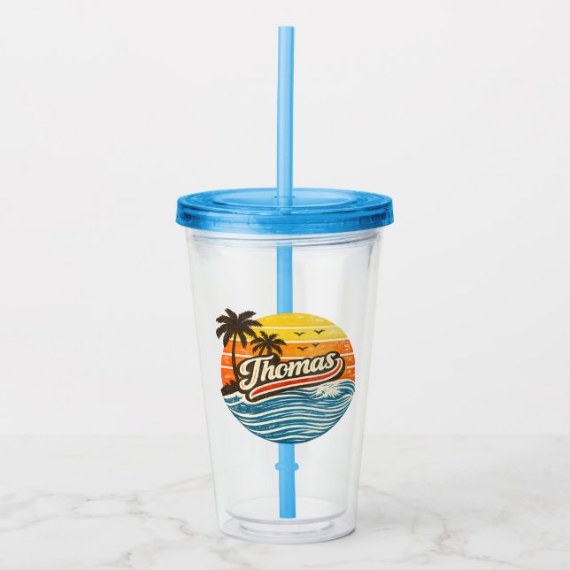 Vaso Acrílico Diseño de nombre Thomas Atardecer Retro (Anverso)