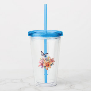 Vaso Acrílico Diseño Floral y de Mariposa Elegante y Lindo