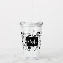 Vaso Acrílico Doodles de cactus de planta Dibujado a mano Nombre