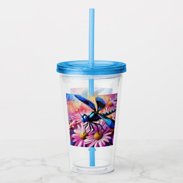Vaso Acrílico Dragonfly impresionista sobre la floral de Daisies (Anverso)