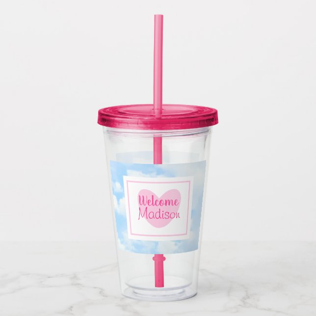 Vaso Acrílico Ducha de bebé de corazón azul claro y rosa (Anverso)