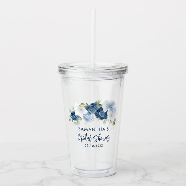 Vaso Acrílico Ducha de Novia Floral Azul Polvo Personalizada (Anverso)