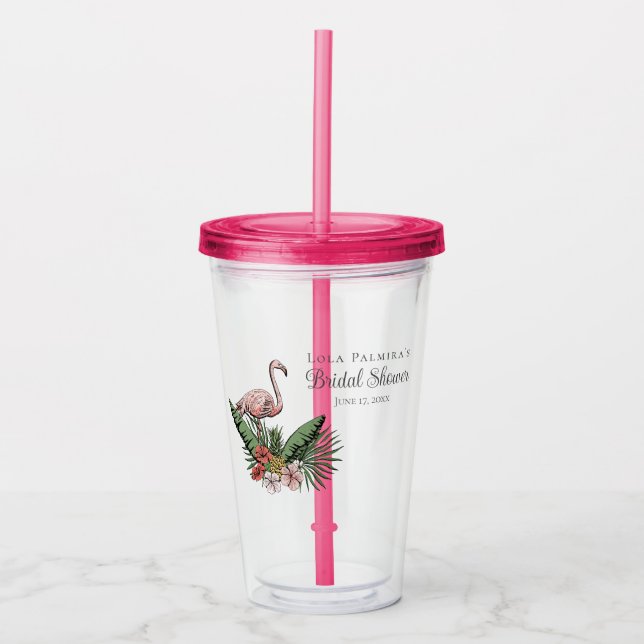 Vaso Acrílico Ducha Nupcial de Flamenco Rosa Floral Tropical (Anverso)