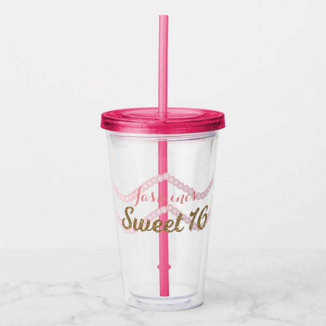 Vaso Acrílico Dulces 16 Brillo Rosa Perla Fiesta (Anverso)