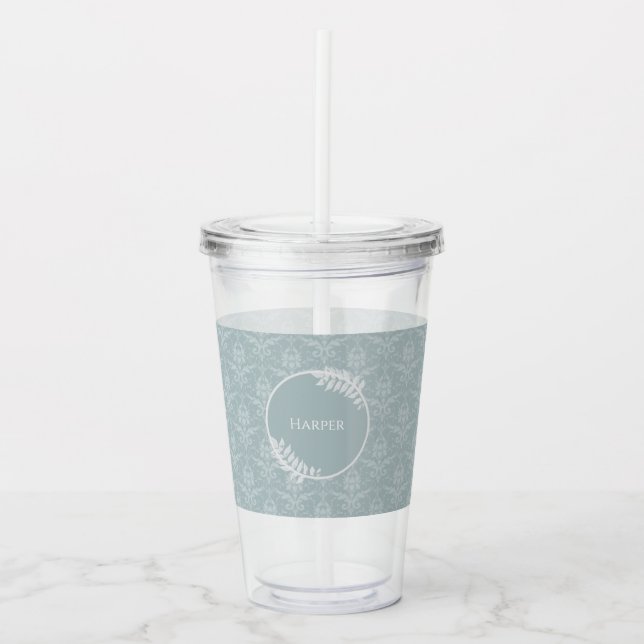Vaso Acrílico Dusty Blue Elegant Damask Personalizado (Anverso)