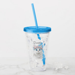 Vaso Acrílico El gato floral blanco dulce el añade su nombre