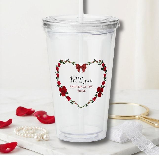 Vaso Acrílico Elegant Red Roses Mother of Bride Gift (Romantic Red Rose Heart Mother of the Bride Personalized Wedding Keepsake Tumbler)