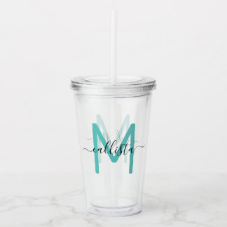 Vaso Acrílico Elegante Monograma negro verde simple Verde azulad