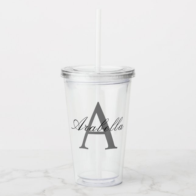 Vaso Acrílico Elegante Negro Nombre Personalizado de Monograma (Anverso)
