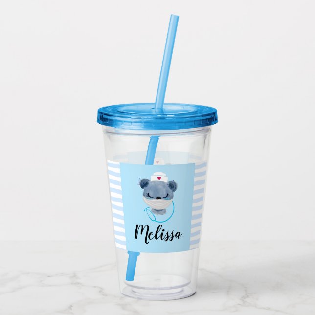 Vaso Acrílico Enfermera de osito con máscara médica (Reverso)