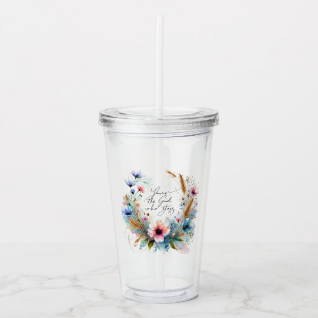 Vaso Acrílico Eres el Dios que se queda, acuarela floral (Anverso)