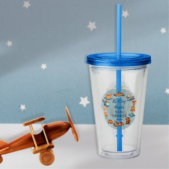 Vaso Acrílico Es un niño madero | Baby Shower de juguetes rellen (Wooden and Stuffed Toys "It's A Boy" Blue Baby Shower Acrylic Tumbler)