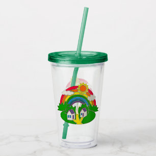 Vaso Acrílico Escena rural personalizado con arcoiris y casa de