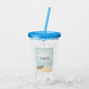 Vaso Acrílico Escenario de playa costera con remo de madera