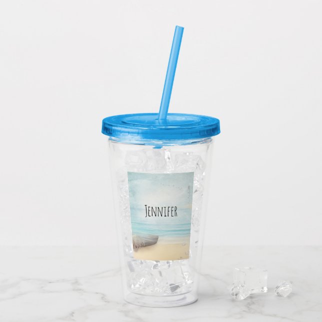 Vaso Acrílico Escenario de playa costera con remo de madera (Reverso (hielo))