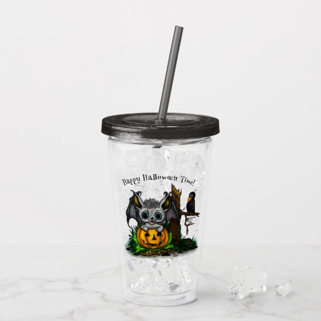 Vaso Acrílico Esperando Halloween , Cute Bat y Raven (Reverso (hielo))