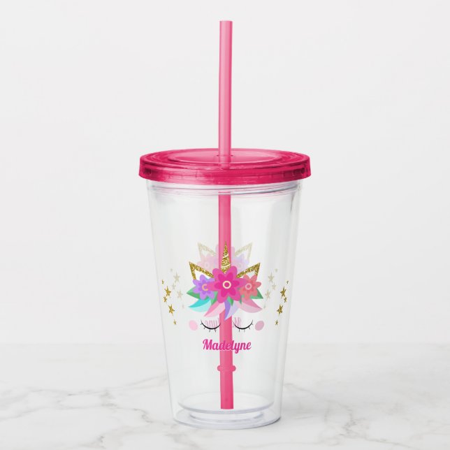 Vaso Acrílico Estrellas de Purpurina de oro de flores de unicorn (Anverso)