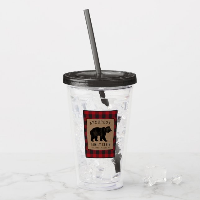 Vaso Acrílico Familia Rustic Bear Cabina Red Buffalo Plaid Burla (Anverso (hielo))