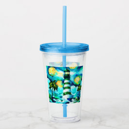 Vaso Acrílico Faro tropical y palmeras Azul verde Verde azulado