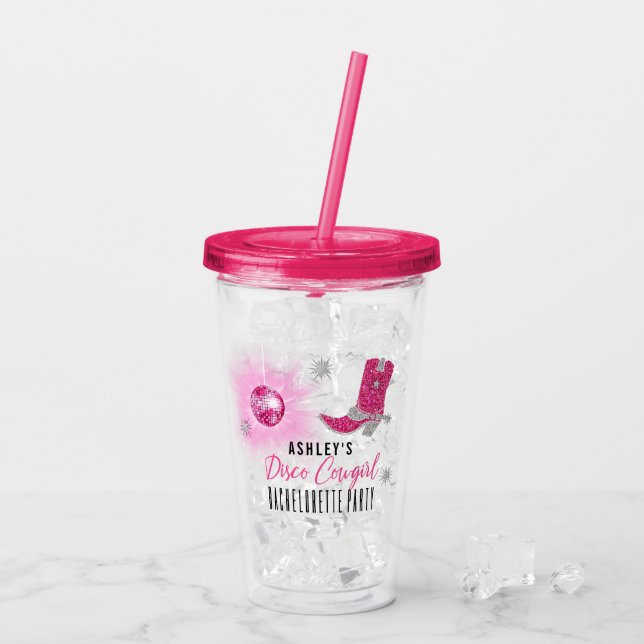 Vaso Acrílico Faux Purpurina Pink Disco Cowgirl Bachelorette (Reverso (hielo))