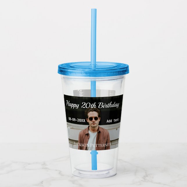 Vaso Acrílico Feliz 20 cumpleaños foto simple añadir nombre fech (Anverso)