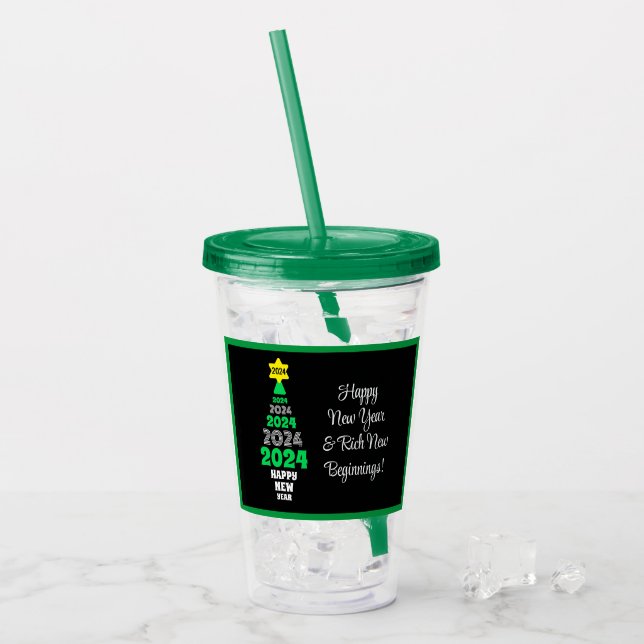 Vaso Acrílico Feliz Año Nuevo Diversión festiva en verde y árbol (Anverso (hielo))
