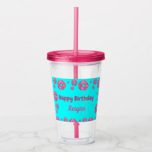 Vaso Acrílico Feliz cumpleaños, donuts de crema rosada azul