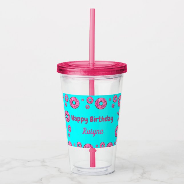 Vaso Acrílico Feliz cumpleaños, donuts de crema rosada azul (Anverso)