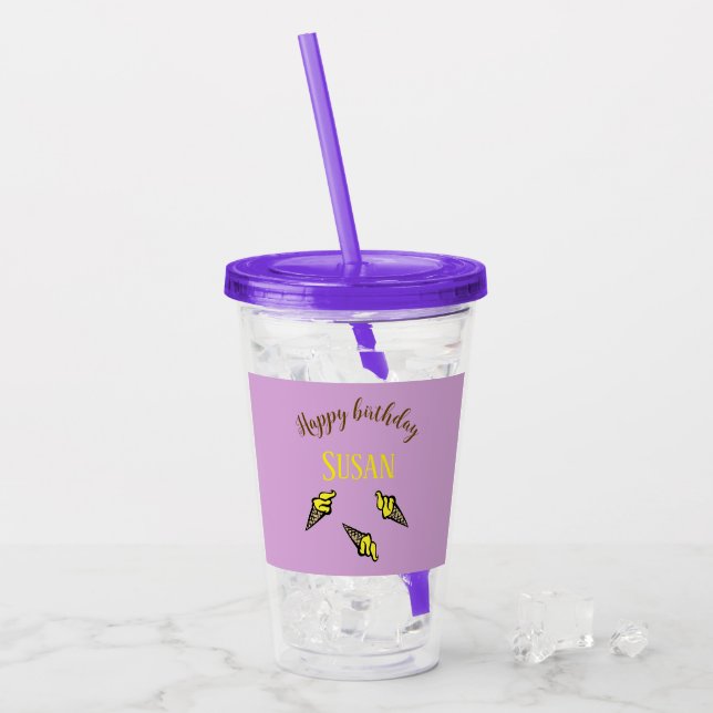 Vaso Acrílico Feliz cumpleaños, helado amarillo en morado (Anverso (hielo))