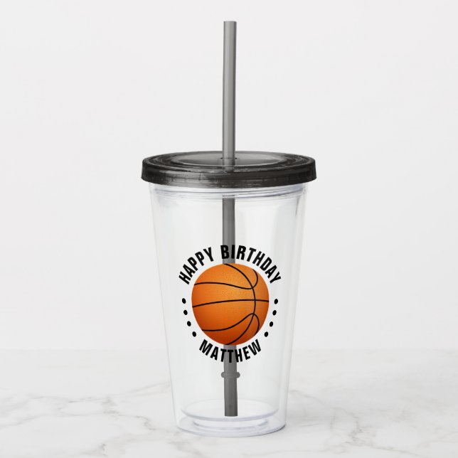 Vaso Acrílico Feliz Cumpleaños Nombre Baloncesto (Anverso)