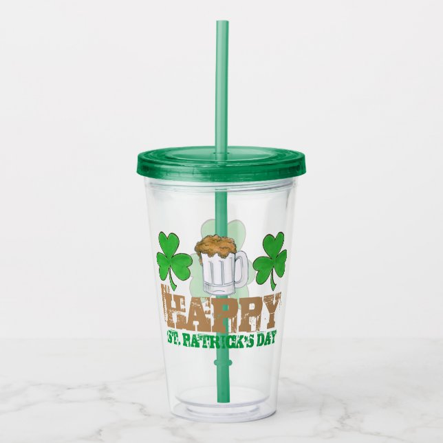 Vaso Acrílico Feliz Día de San Patricio Cerveza Verde Shamrock (Anverso)