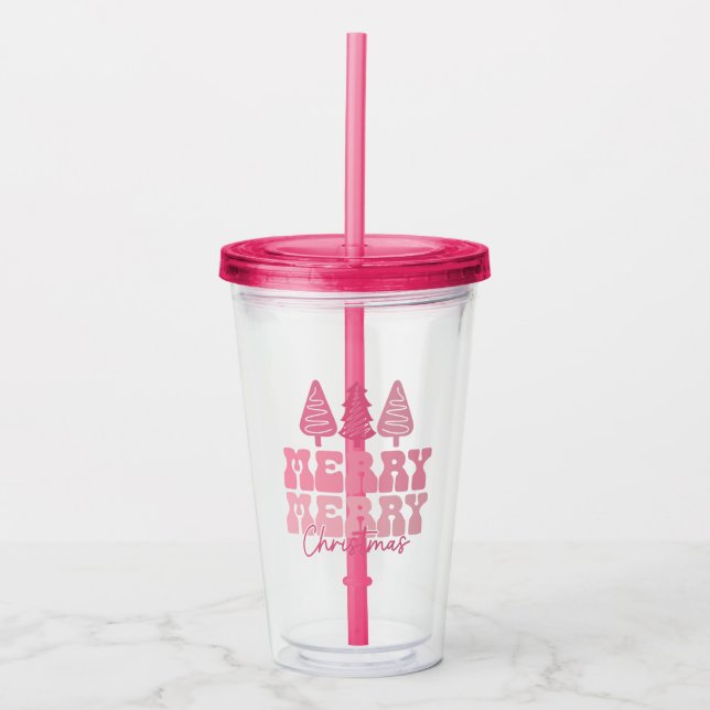 Vaso Acrílico Feliz Feliz Navidad - Diseño de vacaciones rosas (Anverso)
