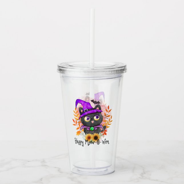 Vaso Acrílico Feliz Meow-o-ween-Black Witch Cat (Anverso)