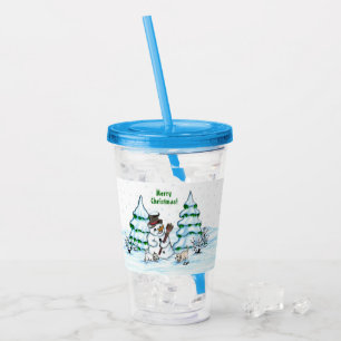 Vaso Acrílico ¡Feliz Navidad! Hombre de nieve con gato y cachorr