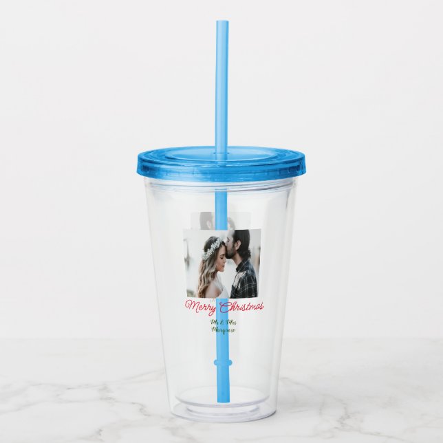Vaso Acrílico Feliz Navidad pareja foto añadir nombre feliz navi (Anverso)
