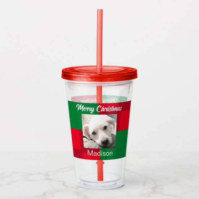 Vaso Acrílico Festividad fotográfica de perro blanco rojo y verd (Anverso)