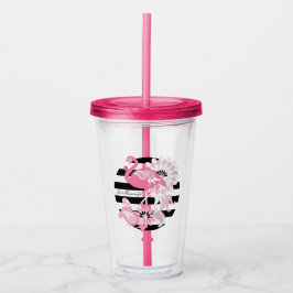 Vaso Acrílico Flamenco Rosa Caprichoso con Rayas Negras y Blanca