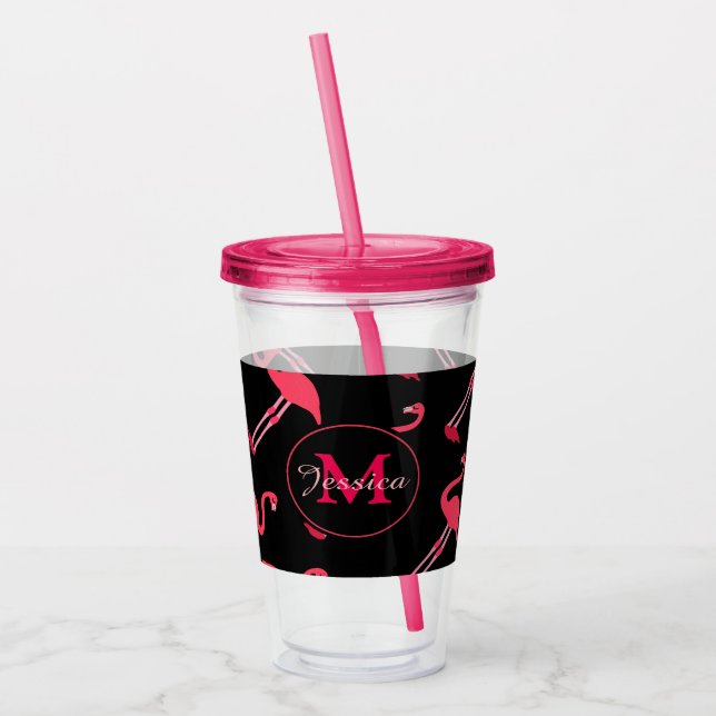 Vaso Acrílico Flamencos rosados en negro personalizado (Izquierda)